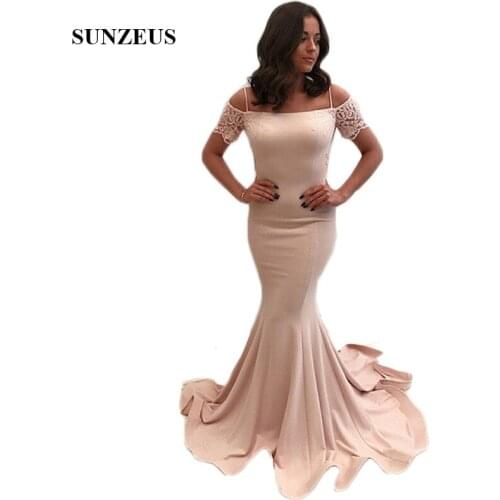 Backless Mermaid Formal Evening Dresses Short Lace Sleeve Formal Dresses 2021 Spaghetti Straps Pink Jersey Party Gowns