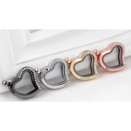 10PCS/lot Heart Shape Floating Locket Pendant Glass Living Magnetic Locket With Half Rhinestones