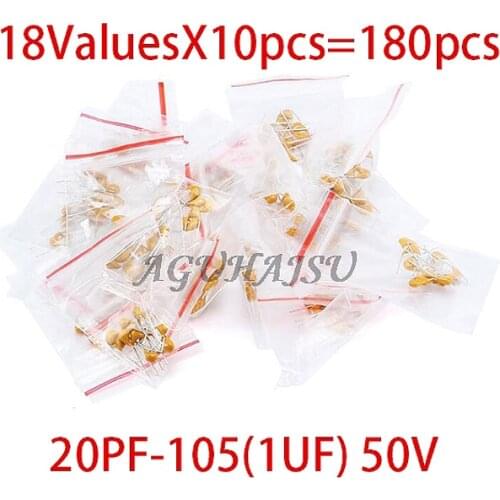 18ValuesX10pcs=180pcs 20PF-105(1UF) 50V Mono Monolithic Capacitors ,Monolithic Ceramic Capacitor Assortment Kit
