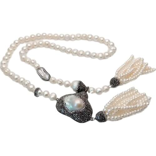 36'' White freshwater Pearl Necklace Big White Keshi Pearl Pendant sweater chain necklace for women