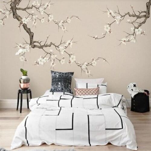 Beibehang Custom wallpaper 3d mural white plum blossom wall hand-painted plum new Chinese-style meticulous painting 3d wallpaper