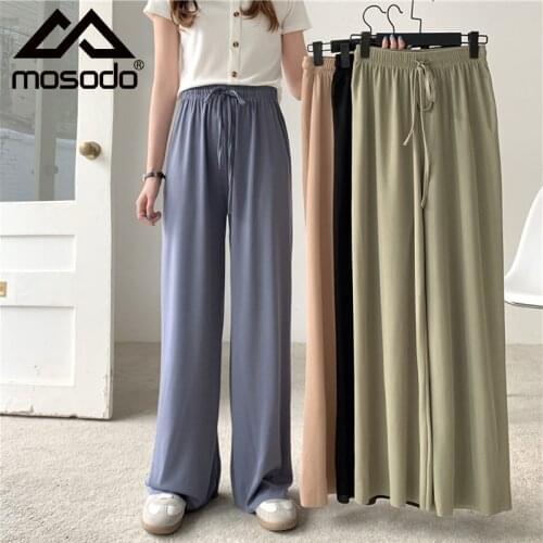 Mosodo Women Ice Silk Wide Leg Pants Solid Color Casual Loose High Waist Thin 9 Point Trouser Clothing 2021 Summer New