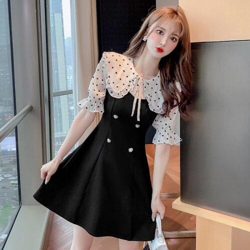 COIGARSAM Cute Polka Dot Women one-piece dress korean New Summer Short Sleeve Peter pan Collar Dresses Black 821