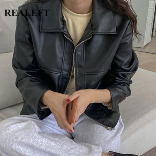 REALEFT Autumn Winter PU Faux Leather Womens Jacket 2021 New Loose Zipper Biker Jackets Loose Coats Female Outwear Chic Tops