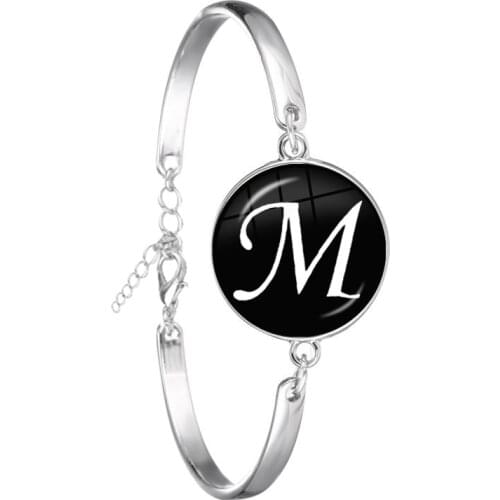 Trendy 26 Letter A-Z Glass Cabochon Chain Bracelet ID Name Friendship Silver Plated Bangle Jewelry Men Women Kids Family Gift