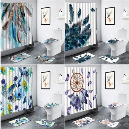 Peacocks Feather Shower Curtain Set Blue Dreamcatcher Fashion Home Decor Bathroom Rug Anti-slip WC Carpet Toilet Cover Bath Mats