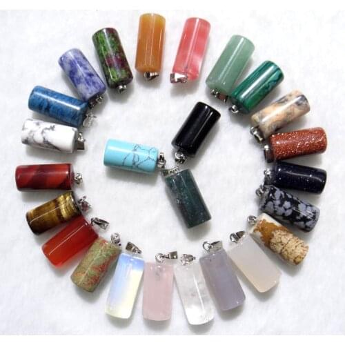 Natural stone tiger eye Quartz crystal Turquoises Opal Cylinder charm pendants for Diy jewelry making Necklace Accessories50pcs