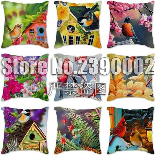 Flowers and birds Cushion Covers American Cardinals Cushion Cover Decorative Beige Linen Throw Pillows Case Sofa Car Pillowcase