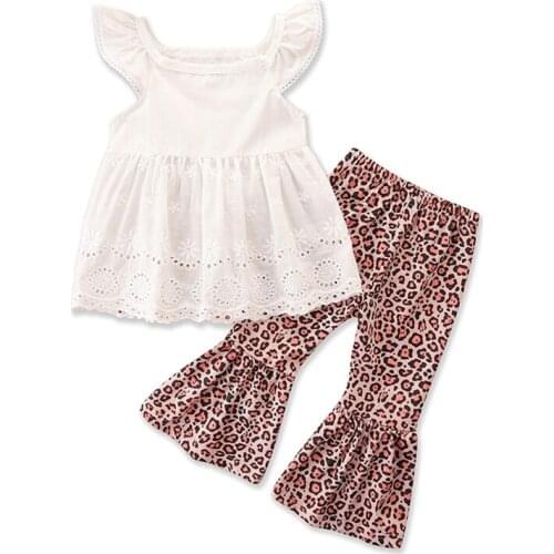 Imcute 1-6T Summer Baby Girls White Floral Print Off-the-Shoulder O-Neck Vest Tops+Leopard Flare Loose Pants Outfit Sets 2Pcs