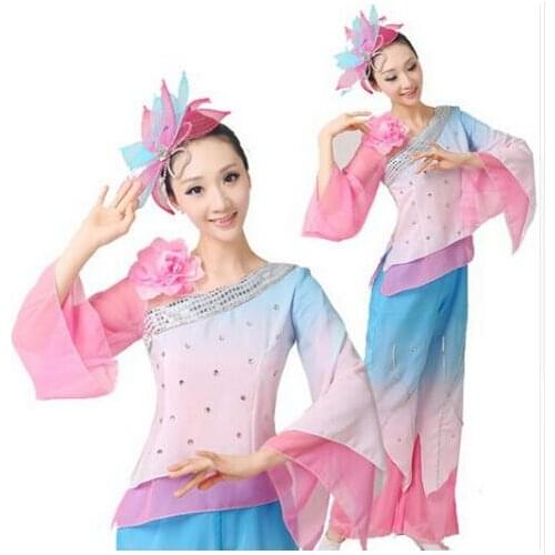 New Chinese classical dance costumes March fireworks yangko fan umbrella dance stage costume female pink blue handkerchief dance