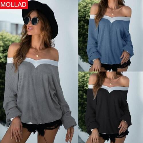 2021 Autumn and Winter New Hot Sale Long Sleeve V-neck off-Shoulder Knitted Top