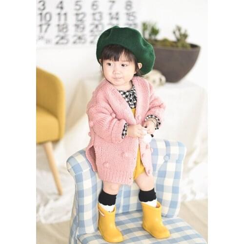 Autumn Winter Baby Girls Sweater Crochet Knit Solid Long Sleeve Cardigan Coat Top Handmade Bubble Ball Casual Kids Clothing