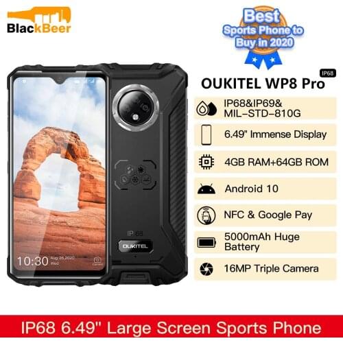 OUKITEL WP8 Pro 6.49 Inch Mobile Phone IP68/IP69K Rugged Waterproof Smartphone Android10 4GB+64GB Cellphone 16MP Camera 5000mAh