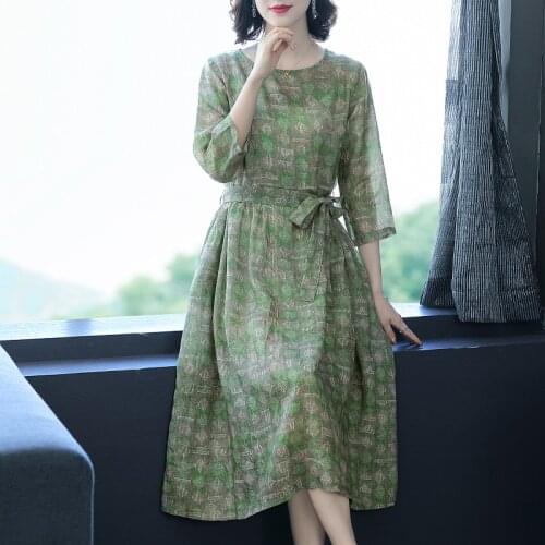 2021 Spring Autumn Green Cotton Linen Print Midi Dresses Korea Vintage Elegant 3XL Plus Size Women Dress Bodycon Party Vestidos