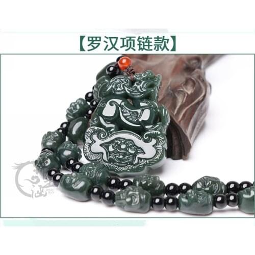 Superb Bottle green Jade Amulet Foo Dog Pendant Hanging Carven 18 arhat bead necklace
