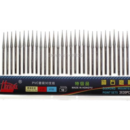 Professional 30Pcs Diamond Coated Tapered 3mm 1/8" inch Grinding Needle Grit 150 Rotary Burrs Mounted Point Shank 3 mm