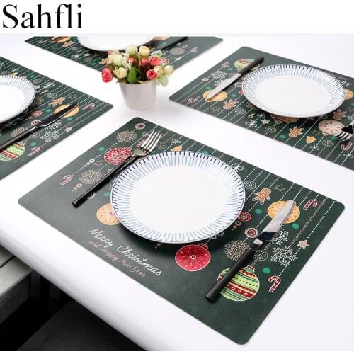 Merry Christmas PU Leather Placemats for Dinner Table Heat Insulation Pads Rectangle Mats Washable Coaster Kitchen Accessories