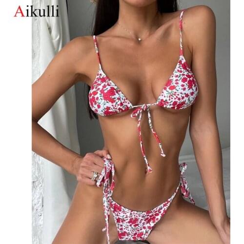 Sexy Floral Print Bikinis 2021 Swimsuit Women Thong Biquini String Swimwear Push Up Bikini Set Brazilian Bathing Suit Beach Wear