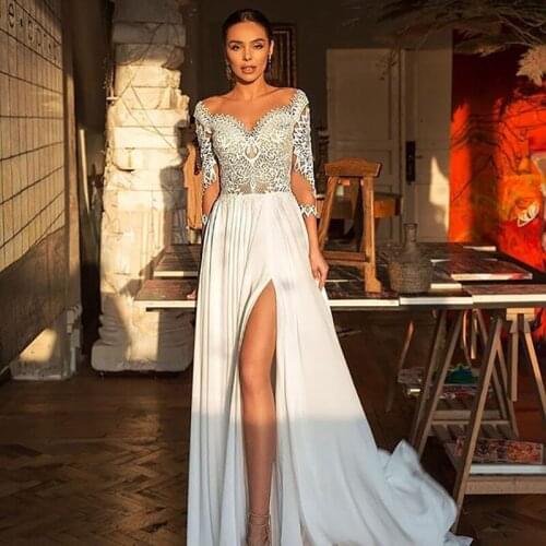 Eightree Chiffon A Line Wedding Dresses Lace Top Three Quarter Bride Dress High Side Split Beach Wedding Gowns Vestido De Novia