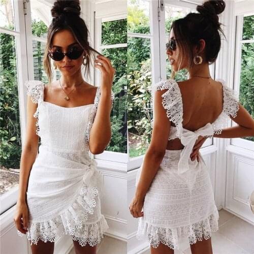AYUALIN Sexy Backless Butterfly Sleeve Summer Dress Vintage White Lace Cotton 2021 Party Vestidos Boho Mini Dress Women Robe