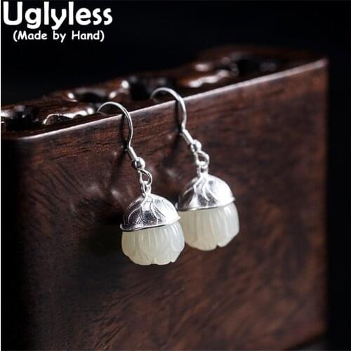Uglyless Handmade Jade Lotus Earrings for Women China Chic Ethnic Lotus Jewelry Glossy Silver 925 Silver Gemstone Brincos Bijoux