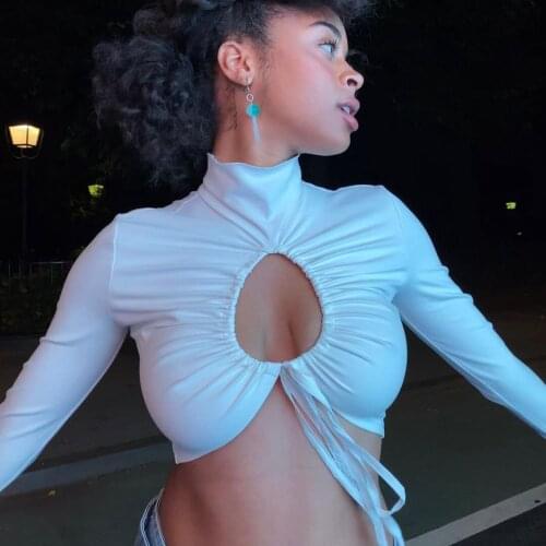 2021 Spring Women Sexy Hollow Out T-Shirt Drawstring Lace Up Turtleneck Ruched Tops Hot Street Party Clubwear Outfits