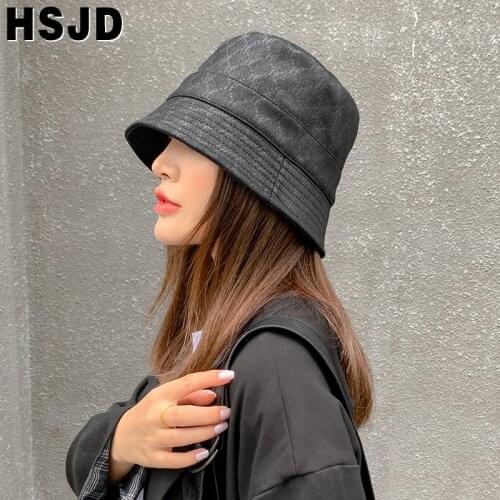 Women Hat Fashion Leather Print Fishing Cap Faux Leather Winter Bucket Hats for Women Panama Fisherman Hats Autumn Female Caps