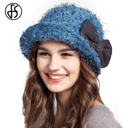 FS Fashion Bucket Hat Women Wool Hats Winter Foldable Blue Orange Brown Fedora Bow Lady Hat Warm Caps Sombrero De Pesca Mujer