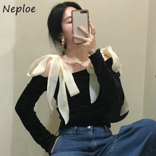 Neploe Slash Neck Strapless Shoulder Velour Blouse Women Bow Lace Up Design Slim Fit Blusas Spring 2020 New Shirt Feminino