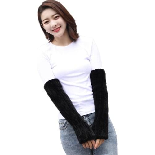 Womens winter gloves fingerless long arm warmer mittens real mink fur knitted gloves white 40 cm length M11