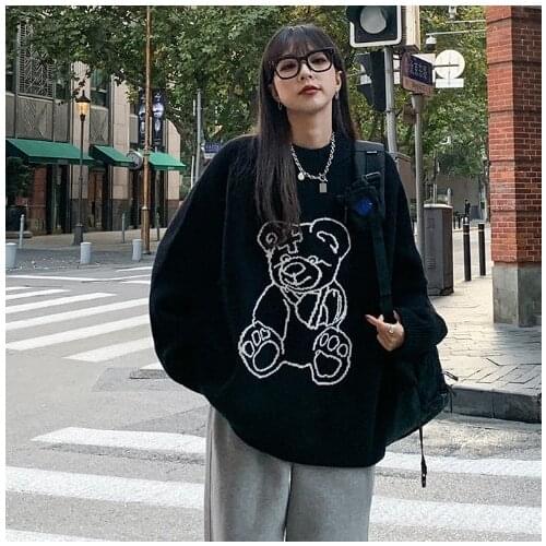 Woman Sweaters Chandails Autumn and Winter round Neck Bear Brocade Sweater Womens Loose Top Sweater Coat