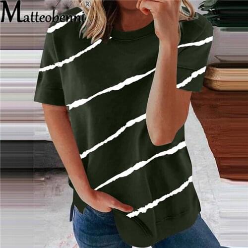 2021 New Summer New Womens Fashion Casual Loose Short Sleeve Vintage Striped Printed O Neck Pullover Plus Zize T-Shirts Tops