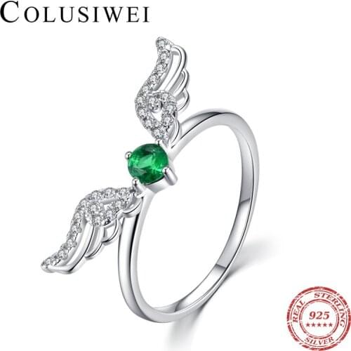 Colusiwei New 925 Sterling Silver Romantic Angel Wings with 4 Prong Green Crystal Rings for Women Bride Wedding Bands Jewelry
