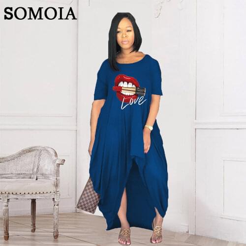 S-4XL Plus Size Womens Clothes Custom Personality Lip Letter Printing Fashion Short Sleeve Round Neck Irregular Split Dress