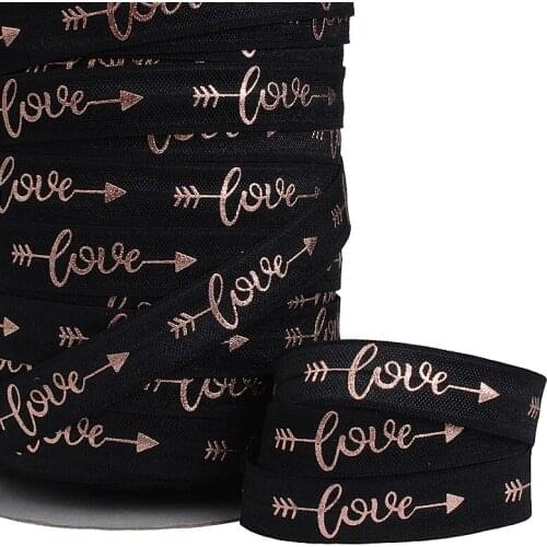 100yards/lot) New rose gold foil love printing fold over elastic