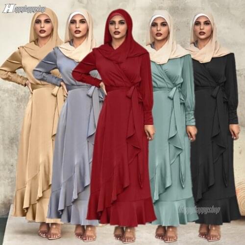 2021 Satin Wrap Dress For Women Muslim Ruffles Kaftan Abaya Dubai Turkey Robe Longue Femme Evening Party Dresses African Gown