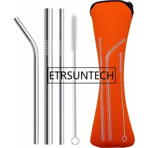 3pcs/set Reusable Stainless Steel Drinking Straws Straw with Cleaning Brush Neoprene Bag Different Size for Home Party Barware