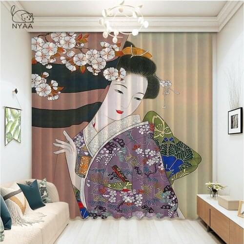 Antique Style Japanese Geisha Curtains For Kitchen Windows French Window Curtain Hooks Home Curtain Living Room Slight Shading