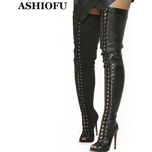 ASHIOFU Handmade Womens Thigh High Boots Sexy Club Party Over Knee Boots Autumn Peep-toe High Heel Fashion Boots Shoes