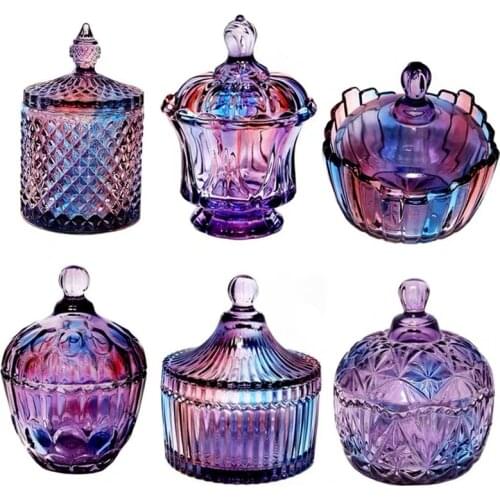 European Purple Crystal Small With Lid Color Glass Jar Kitchen Food Tank Rangement Candy Box Desktop Jewelry Makeup Organizer