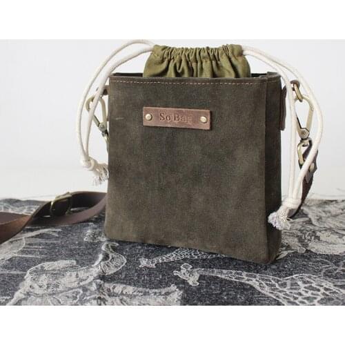 Handmade Mini Drawstring flannel canvas bag Clutch crossbody bag canvas messenger bag Womens Purse bag Leather clutch bag