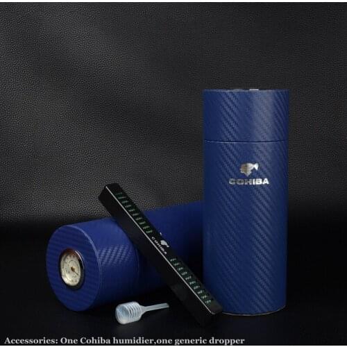 COHIBA Cigar Travel Case Carbon Fiber Cedar Wood Lined Tube Mini Humidor Inside with Long Humidifier Hygrometer