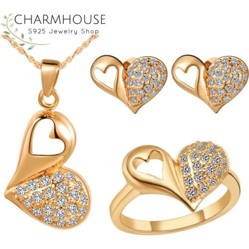 Charmhouse Yellow Gold/ Silver Color Jewelry Set Zirconia Heart Ring Earrings Necklace 3pcs Wedding Jewelry Accessories Bijoux