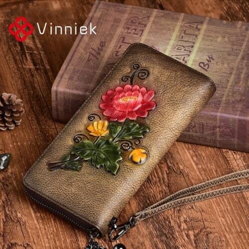 Genuine Leather Women Wallets Luxury Embossed Designer Purse Vintage Daily Clutch Bags Fashion Lady Wristlet Handbag Card Holder