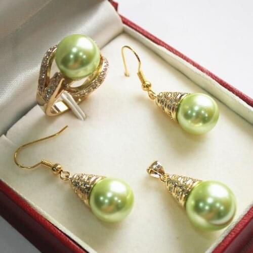 Beautiful new jewelry green 18KGP 12mm shell pearl pendant, earring, , ring set