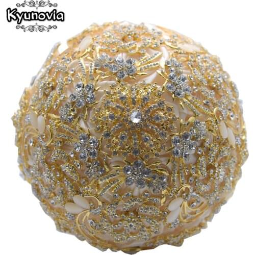 Kyunovia Luxurious Wedding Bouquet Gold Brooches Bouquet Crystal Accessories Silk Wedding Flowers Bridal Bouquets FE91