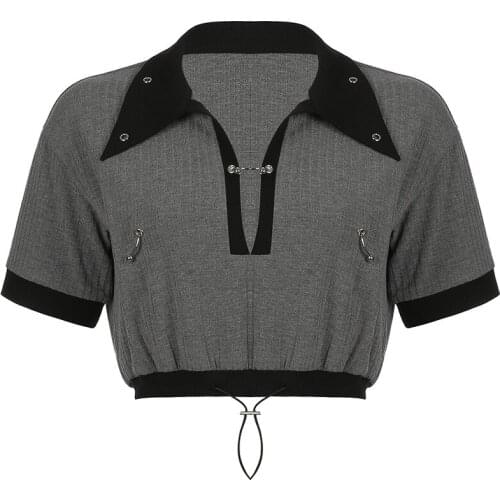 Summer personalized street style hit color waist turn-down collar short section casual T-shirt