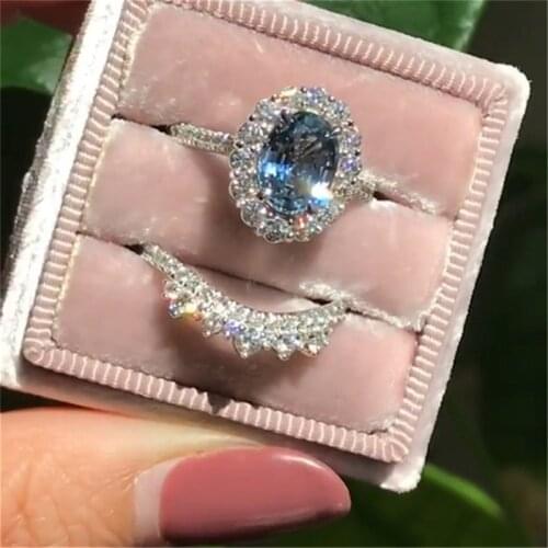 2pcs/set Fashion Oval Cut Natural Crystal Engagement Ring Set Anniversary Gift Women Wedding Band Party Jewelry Ring