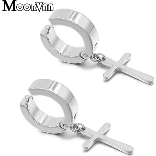 Moorvan Womens No Piercing Clip Earrings Cool Rock Stainless Steel Dangle Cross Earring Sister Gift OL Jewelry New Style