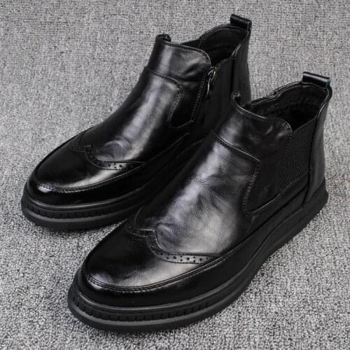 ERRFC British Mens Fashion Round Toe High Top Brogue Shoes Designer Slip On Chelsea Short Ankle Boot For Man Black Work Boot